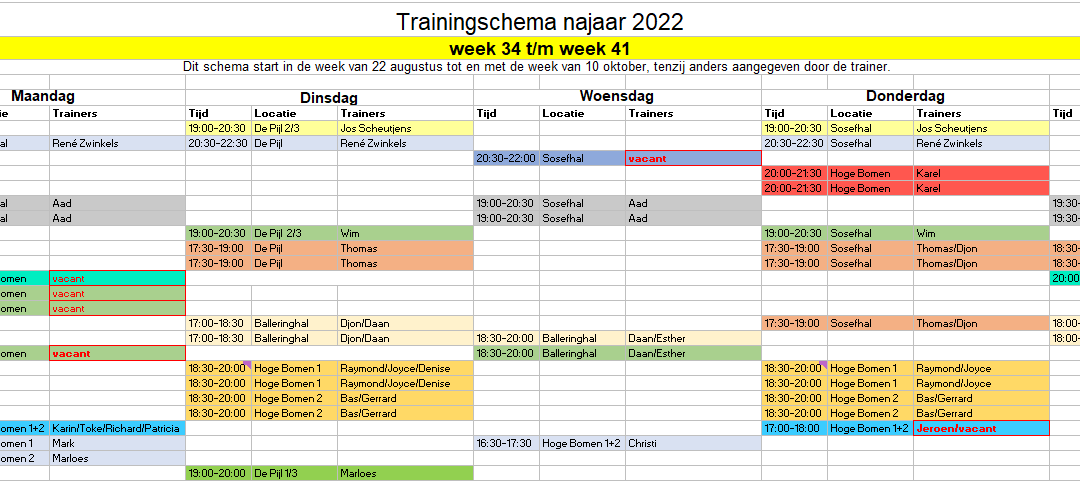 Trainingsschema veld en zaal najaar 2022/2023